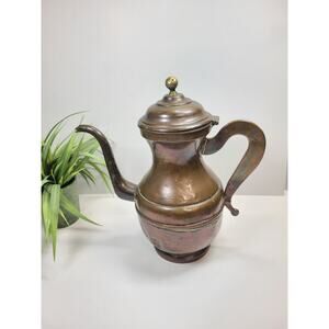 Vintage Copper Pot, Coffee Rustic Decor, Old Hinged Lidded Kettle